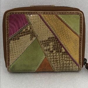 FOSSIL Wallet Brown Multicolor Patchwork Leather Zip Around